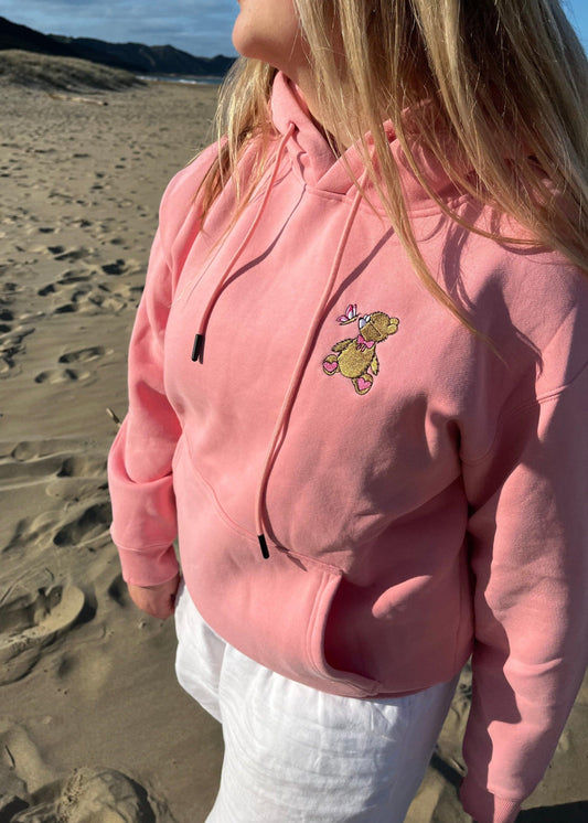 Light Baby Pink hoodie from BabyBearCollection, featuring a stylish oversized fit with ribbed cuffs and hem for extra comfort. A versatile piece for any outfit.